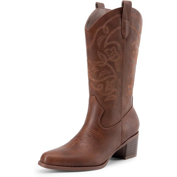 Shoes - Women's Brown Cowgirl Western Boots Fashion Embroidery Stitched Chunky Heel